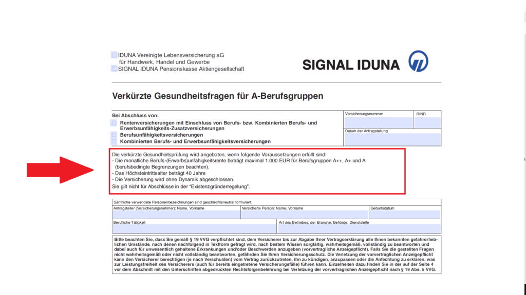 BU der Signal Iduna mit verkürzten Gesundheitfragen PKV BU AV Blog